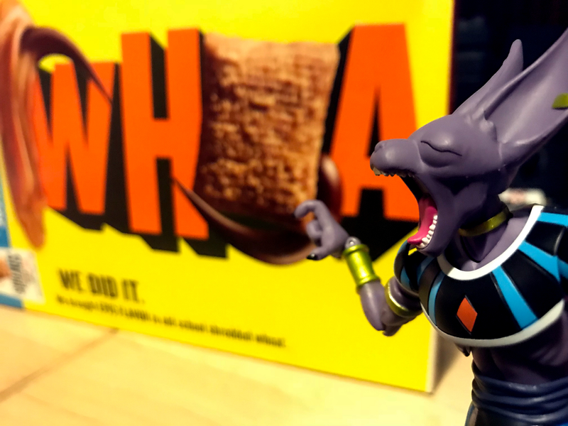 “Whoa, We Did It” proclaims the back of the box. Beerus is not impressed .